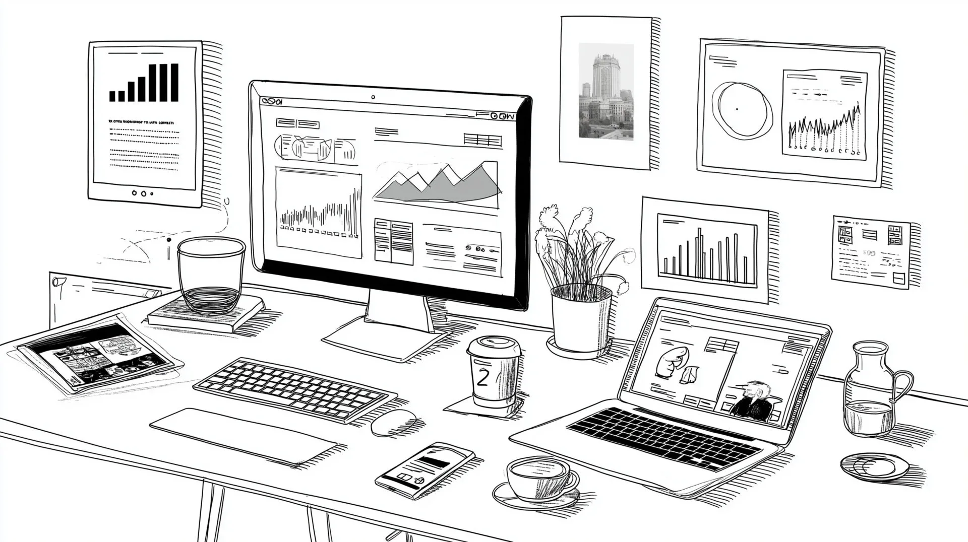 Moderne kontor med computer, grafer og planter.